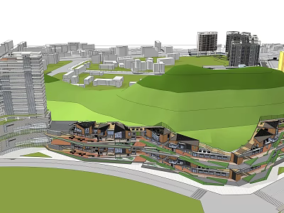 Modern Commercial Street Featuring Multi level Architecture Green Landscape And High rise Buildings 3d model