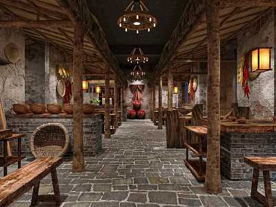 Traditional Hot Pot Restaurant Interior With Wooden Structures Stone Brick Floor Lanterns And Decorative Plates 3d model