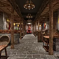 Traditional Hot Pot Restaurant Interior With Wooden Structures Stone Brick Floor Lanterns And Decorative Plates