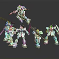 Light Green And White Robot Models In Action Poses With Weapons On Dark Reflective Background 3d model