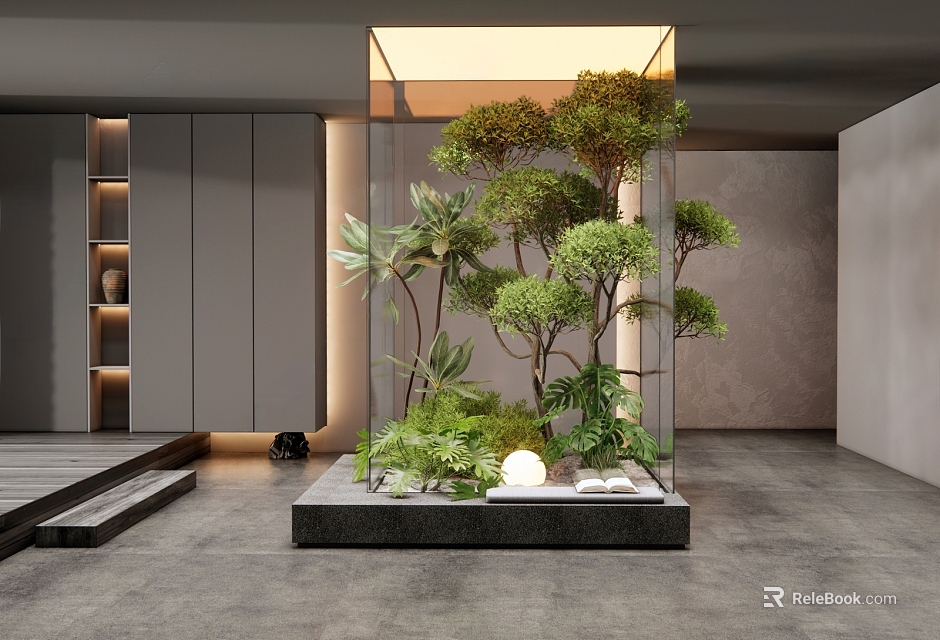 Glass Enclosed Interior Landscape With Various Green Plants In Modern Space 3d model 