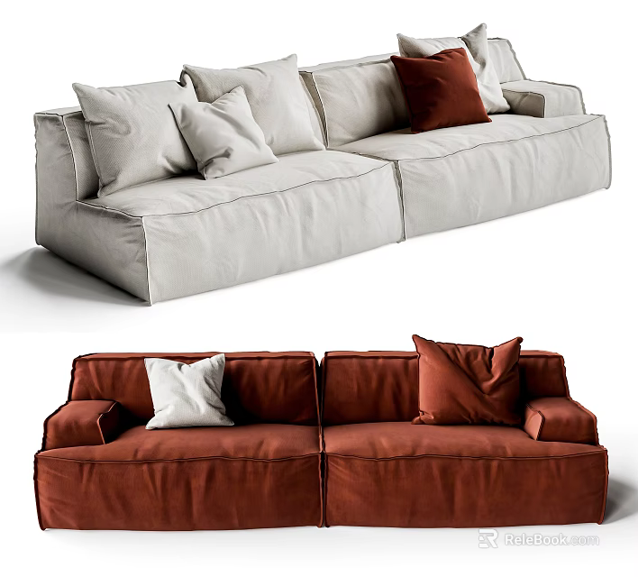 Modern Two Seater Sofa with Soft Cushions in Light Gray and Rust Tones 3d model 