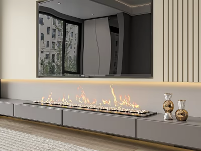 Modern Linear Fireplace With Realistic Flames Gray Cabinetry And Gold Decorative Vases 3d model