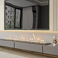 Modern Linear Fireplace With Realistic Flames Gray Cabinetry And Gold Decorative Vases