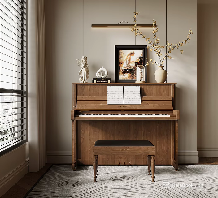 Bright Piano Room Interior With Upright Piano Sheet Music Vase Framed Art And Wooden Bench 3d model 