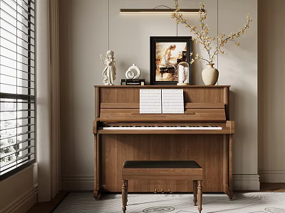 Bright Piano Room Interior With Upright Piano Sheet Music Vase Framed Art And Wooden Bench 3d model