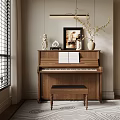 Bright Piano Room Interior With Upright Piano Sheet Music Vase Framed Art And Wooden Bench