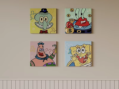 Vibrant Cartoon Oil Paintings With SpongeBob Patrick Star Squidward Mr Krabs Wall Decor Art 3d model