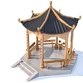 Traditional Chinese Landscape Pavilion With Black Tiled Roof Wooden Structure And Stone Steps