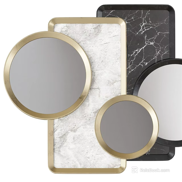 Elegant Modern Round And Square Mirrors With Gold Frame And Marble Background 3d model 
