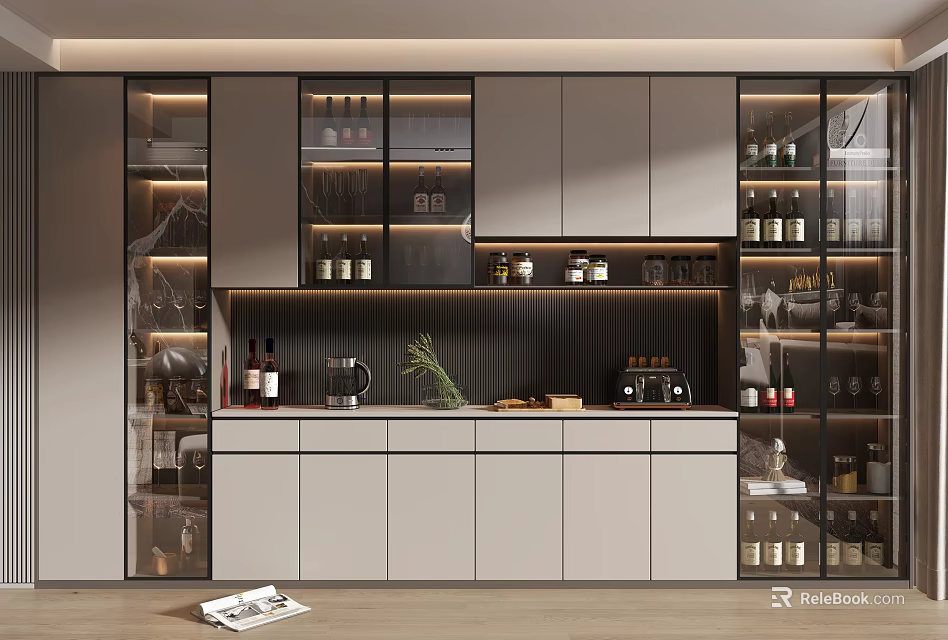 Modern Wine Cabinet With Glass Doors And LED Lighting For Wine Bottles And Glassware 3d model 