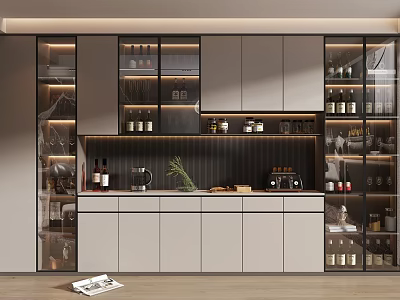 Modern Wine Cabinet With Glass Doors And LED Lighting For Wine Bottles And Glassware 3d model