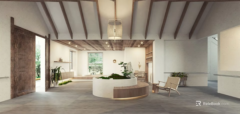 Elegant Hotel Lobby Interior with Wooden Beams Pendant Light Circular Greenery and Armchair 3d model 