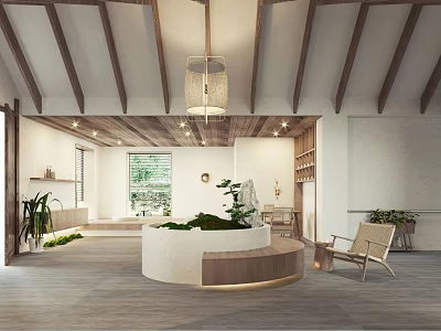 Elegant Hotel Lobby Interior with Wooden Beams Pendant Light Circular Greenery and Armchair 3d model