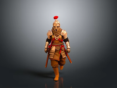 Man in Golden Brown Ancient Armor With Red Feather Helmet Holding Weapons Marching 3d model