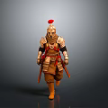 Man in Golden Brown Ancient Armor With Red Feather Helmet Holding Weapons Marching
