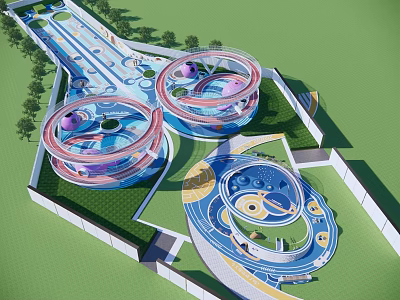 Colorful Outdoor Children's Play Area With Circular Structures Slides And Green Lawn 3d model