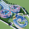 Colorful Outdoor Children's Play Area With Circular Structures Slides And Green Lawn