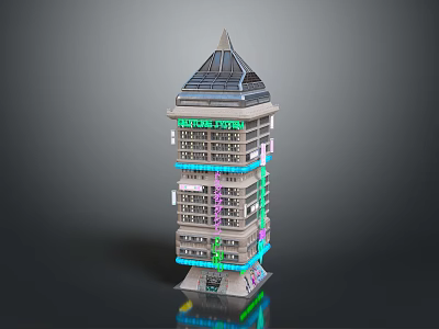 Modern High Rise Building Structure With Building System Sign Pyramid Roof And Colored Lighting 3d model