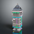Modern High Rise Building Structure With Building System Sign Pyramid Roof And Colored Lighting