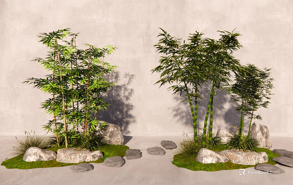 Lush Bamboo Plants With Rocks Green Grass Against Concrete Wall 3d model 