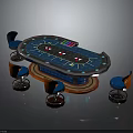 Blue Oval Poker Table With Blue And Orange Chairs Chips And Cards Furniture