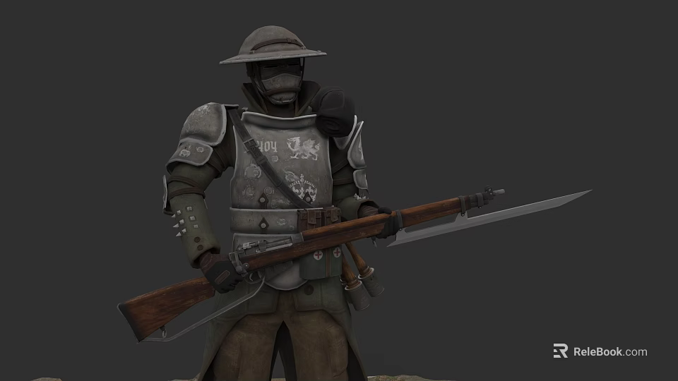 Vintage Rifle With Bayonet As Historical Weapon Carried By Armored Soldier 3d model 