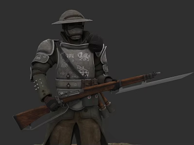 Vintage Rifle With Bayonet As Historical Weapon Carried By Armored Soldier 3d model