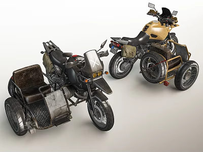 Two Retro Sidecar Motorcycles With Classic Black And Gold Three Wheeled Design 3d model