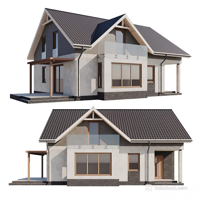 Modern Detached House Exterior Design With Gabled Roof Wooden Porch And Large Windows 3d model 