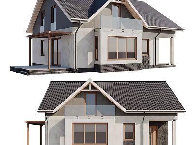 Modern Detached House Exterior Design With Gabled Roof Wooden Porch And Large Windows 3d model