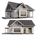 Modern Detached House Exterior Design With Gabled Roof Wooden Porch And Large Windows