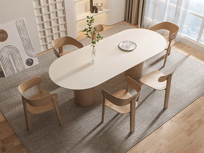 Modern Oval Dining Table Set With Six Wooden Chairs White Tabletop And Green Plant 3d model