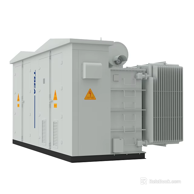 Industrial Electrical Transformer With Gray Enclosure Cooling Fins And Warning Labels 3d model 