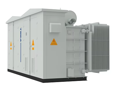 Industrial Electrical Transformer With Gray Enclosure Cooling Fins And Warning Labels 3d model
