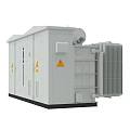 Industrial Electrical Transformer With Gray Enclosure Cooling Fins And Warning Labels