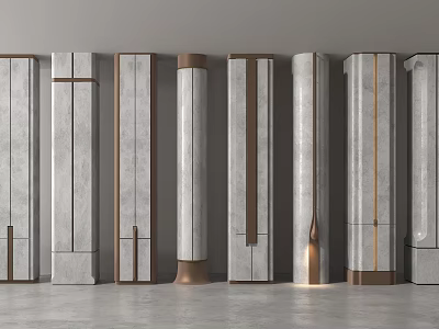 Cylindrical And Rectangular Modern Decorative Pillars With Marble Concrete And Brass Accents 3d model