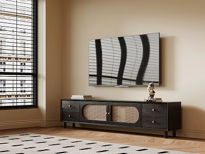 Modern Black Wooden TV Stand With Drawers Cabinet Doors And Decorative Items 3d model