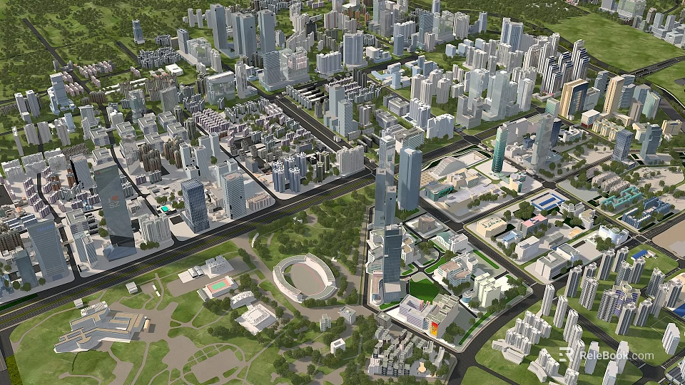 Aerial Urban Planning View With High Rise Buildings Streets And Green Spaces 3d model 