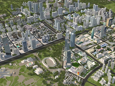 Aerial Urban Planning View With High Rise Buildings Streets And Green Spaces 3d model