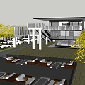 Modern Detached Villa Exterior With Large Glass Windows And Yellow Trees