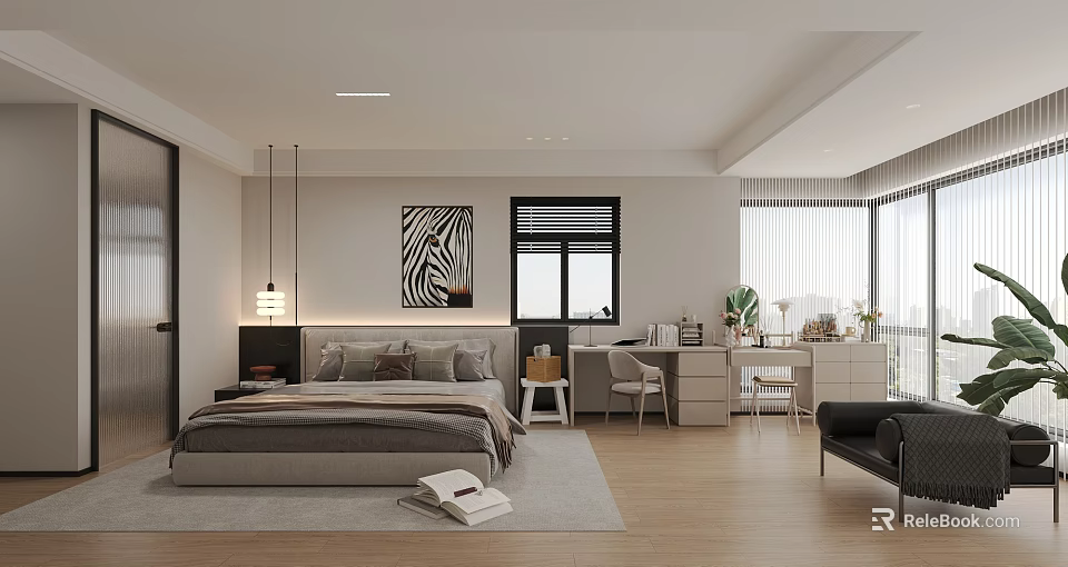 Modern Bedroom Interior With Large Bed Zebra Print Artwork Blinds And Wooden Flooring 3d model 