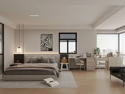 Modern Bedroom Interior With Large Bed Zebra Print Artwork Blinds And Wooden Flooring 3d model