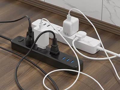 Wall Switch Panel With Black White Power Strips And Cables On Wooden Floor 3d model