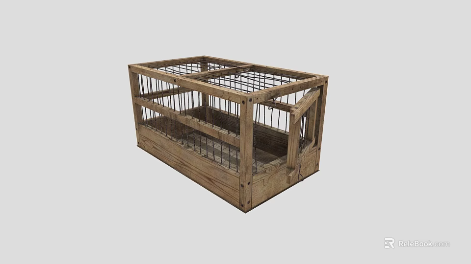 Vintage Wooden Cage With Metal Bars And Open Design Structure 3d model 