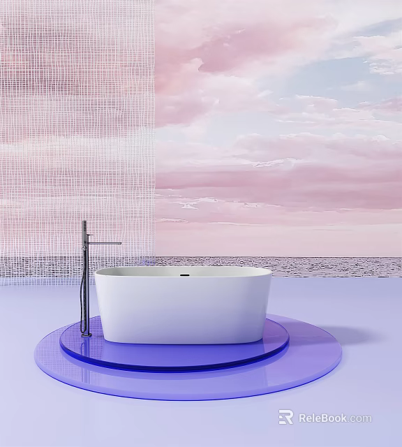White Bathtub On Purple Platform With Modern Shower Faucet And Pink Sky Clouds 3d model 