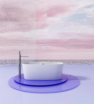 White Bathtub On Purple Platform With Modern Shower Faucet And Pink Sky Clouds 3d model