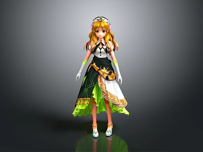 3D Model Anime Female Character With Long Golden Hair Flower Crown Black And Green Dress 3d model