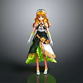 3D Model Anime Female Character With Long Golden Hair Flower Crown Black And Green Dress