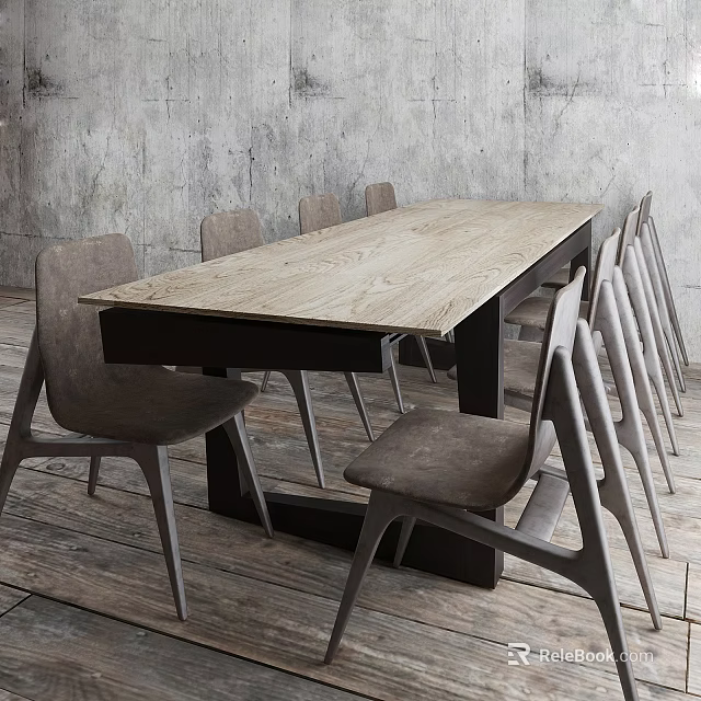 Modern Wooden Dining Table Set With Upholstered Chairs And Concrete Wall On Wooden Floor 3d model 